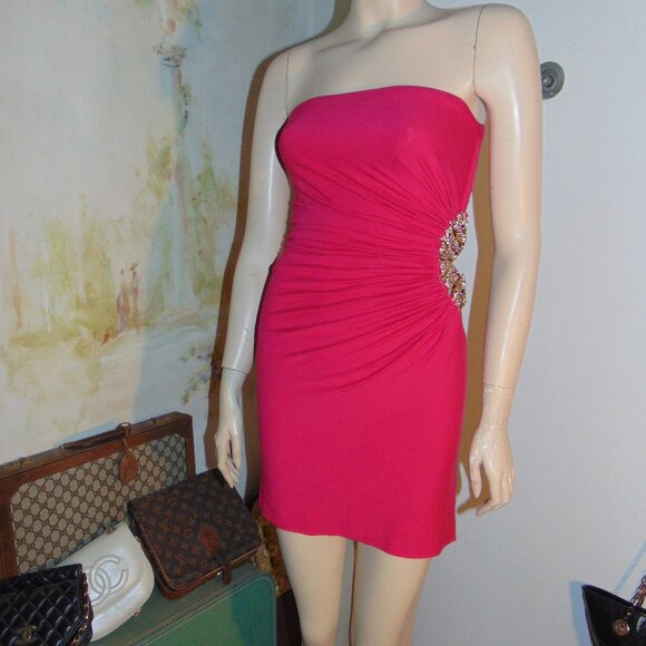 SKY Strapless Mini DressY2K Artsy Jeweled Tigers Pink Bodycon Mob Wife Elegant - Picture 2 of 11